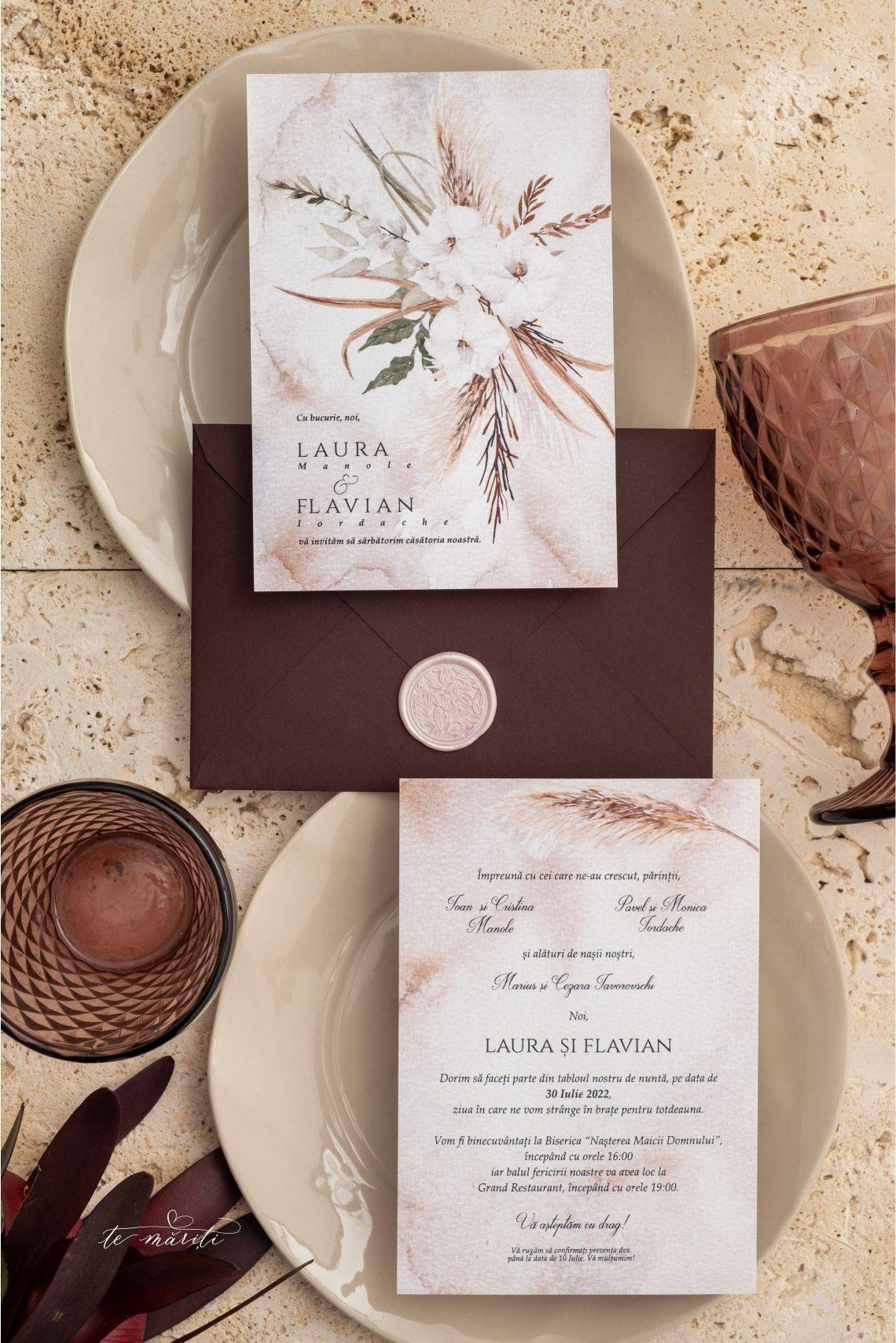 INVITATIE BOHO CU PAMPAS SI SIGILIU - TeMariti