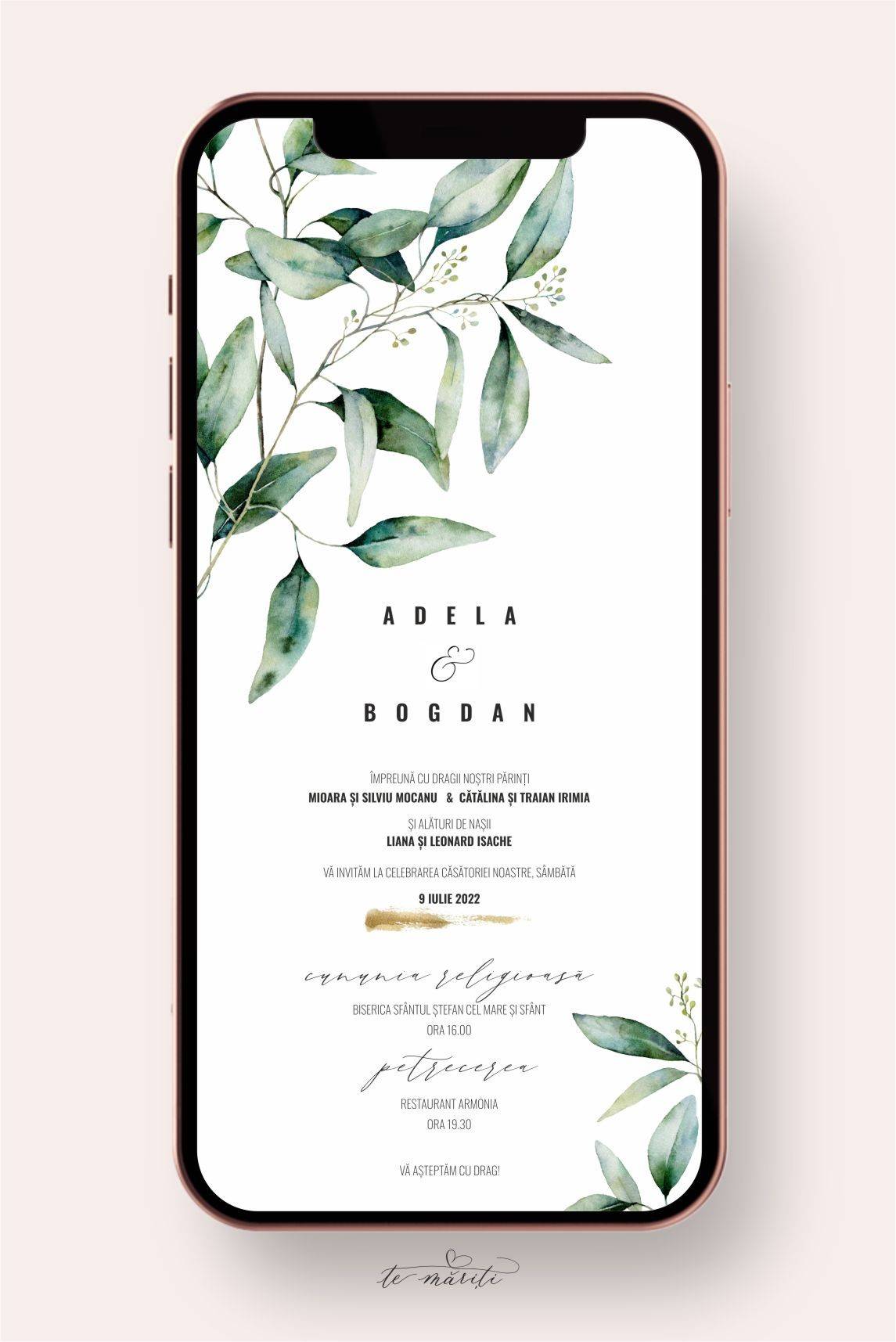 INVITATIE DIGITALA CU FRUNZULITE VERZI - TeMariti