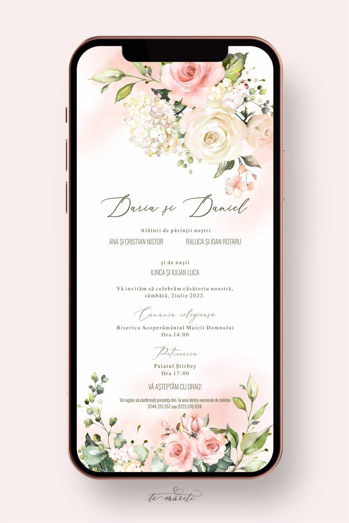 INVITATIE DIGITALA CU TRANDAFIRI ROZ PASTEL - TeMariti