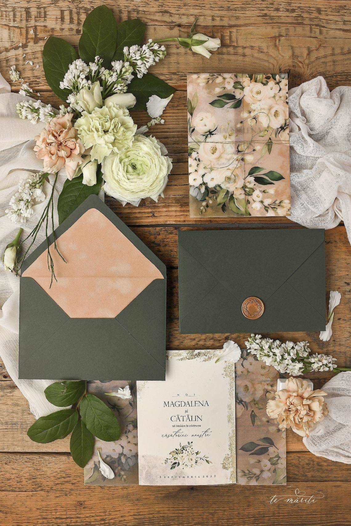 INVITATIE FLORALA CU SIGILIU SI CATIFEA - TeMariti