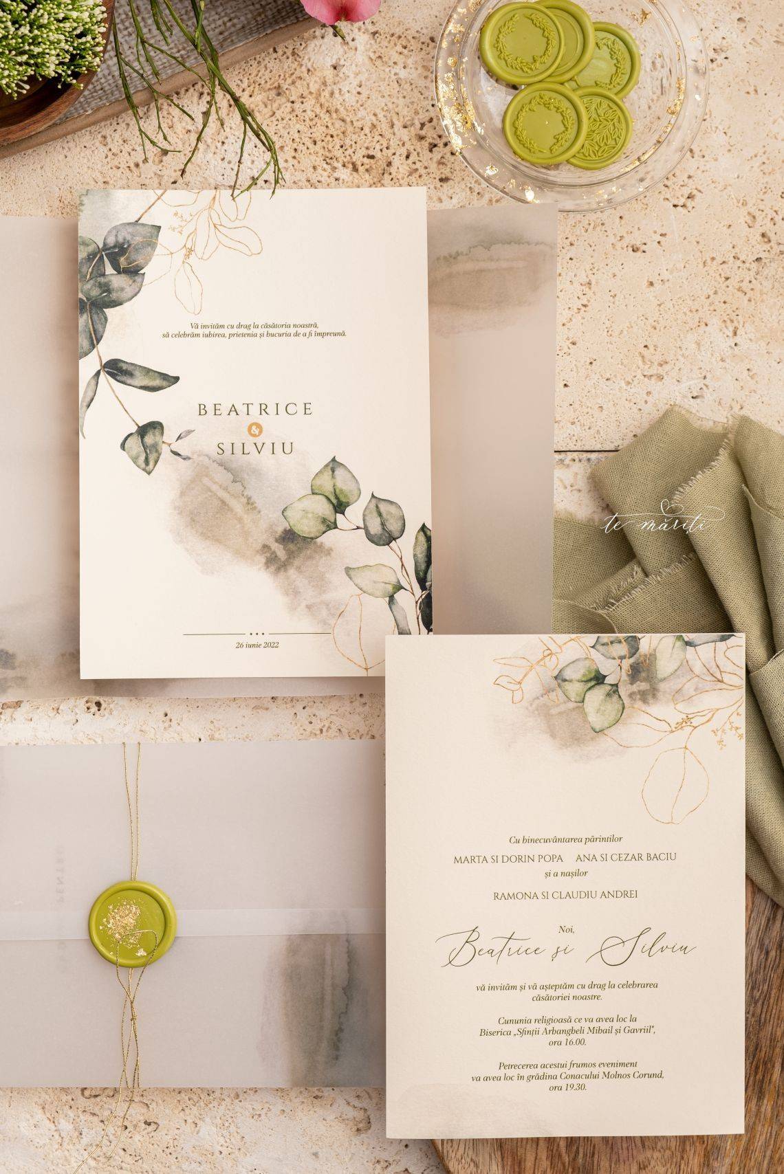 INVITATIE GREENERY CU SIGILIU SI HARTIE CERATA - TeMariti