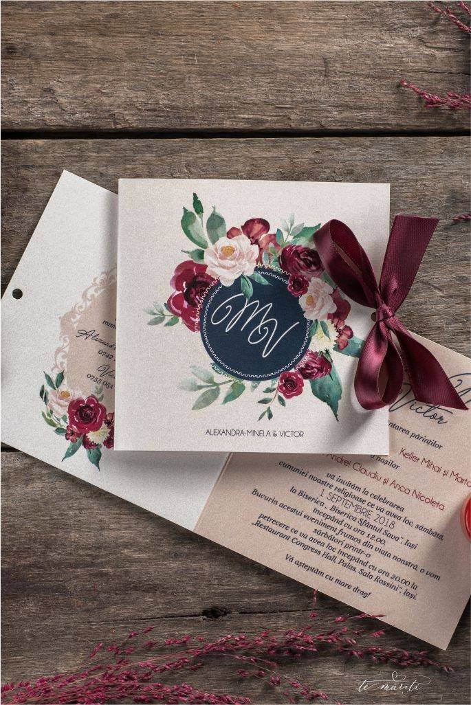 INVITATIE NUNTA CU BUJORI BURGUND - TeMariti