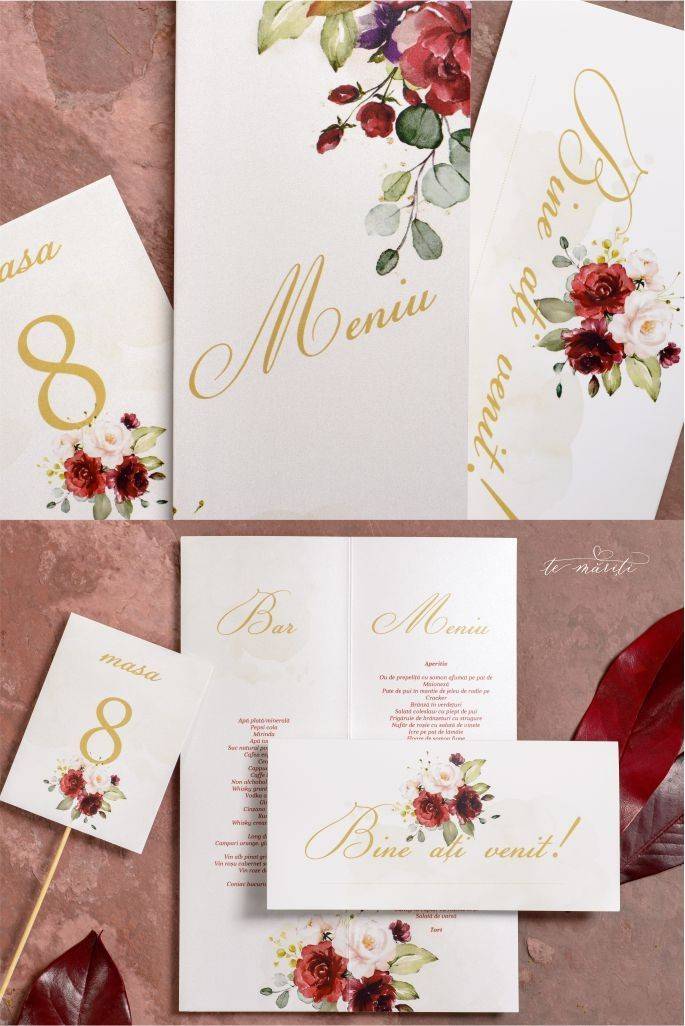 MENIU | PLIC | NR. MASA TEMA FLORAL BORDEAUX - TeMariti